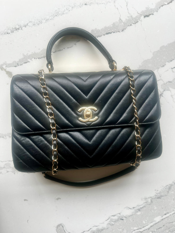 Chanel Leather flap small trendy top handle bag with gold hardware