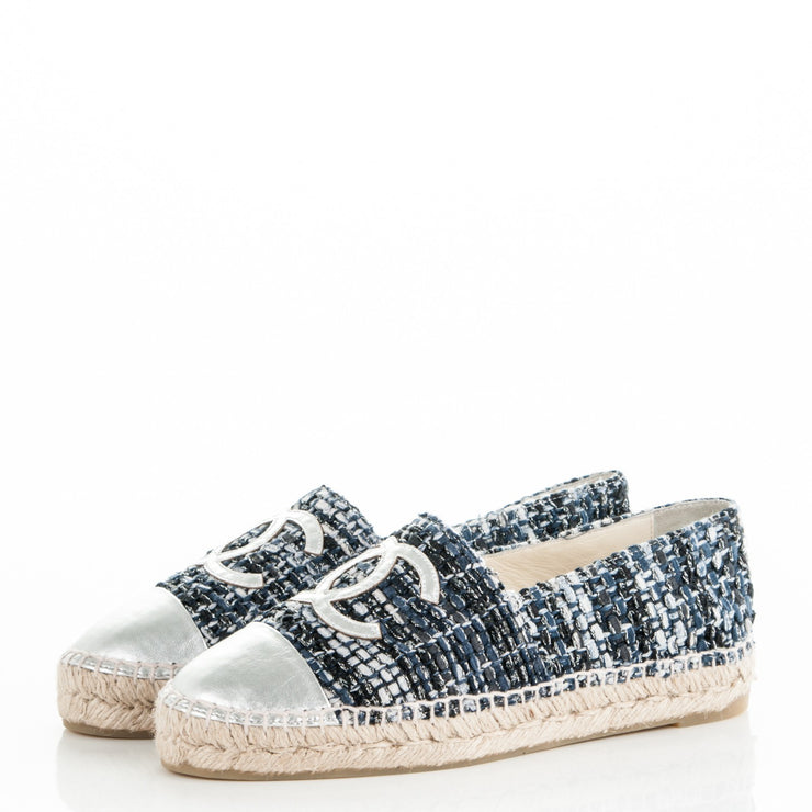 CHANEL Metallic Tweed Patent CC Espadrilles 38 Blue Black Silver