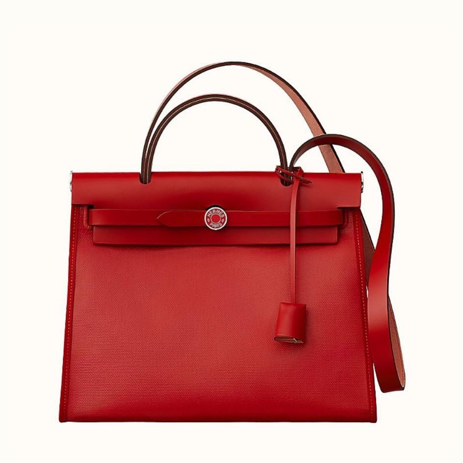 Hermes Red Canvas and Natural Calfskin Leather Herbag Zip PM Bag