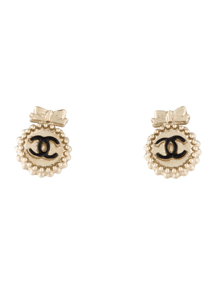 Chanel Enamel CC Gold Stud Bow Earrings