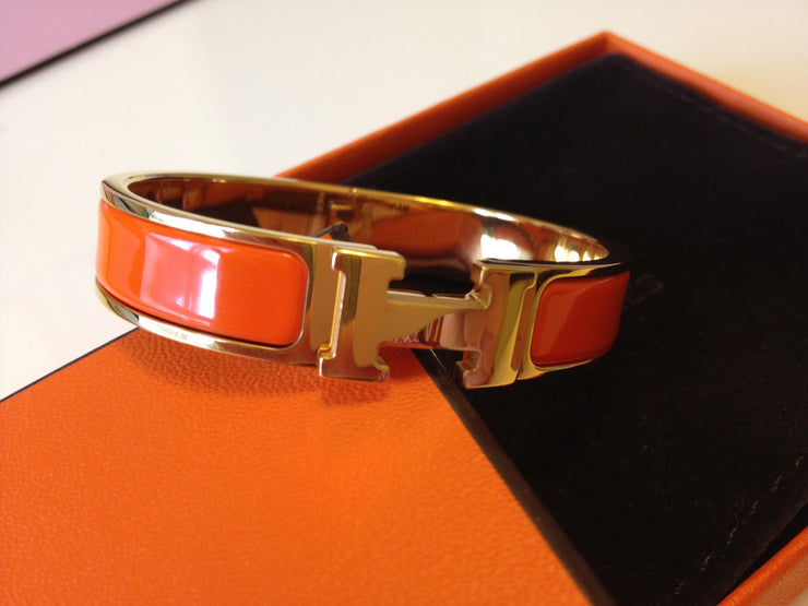 HERMES Enamel Clic Clac H PM Bracelet Bangle Orange GHW