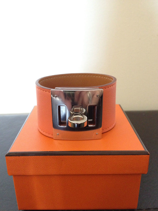 BNIB - 100 % Authentic Hermes Kelly Dog Bracelet Orange Calfskin Silver hardware