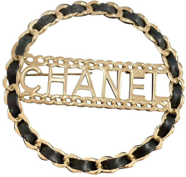 New Chanel CC Black Gold Logo leather gold chain pin brooch