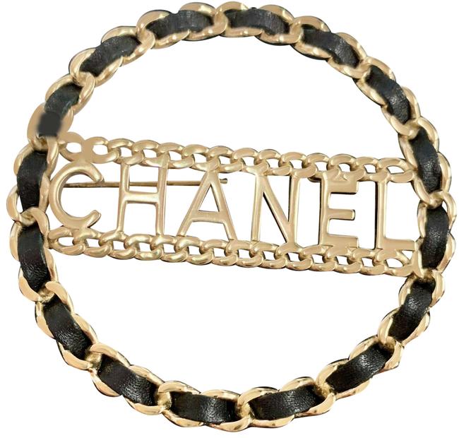 New Chanel CC Black Gold Logo leather gold chain pin brooch – The Find