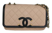 Authentic Chanel medium flap quilted caviar leather Filigree beige black bag with Gold