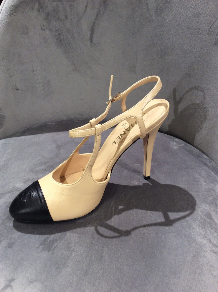 CHANEL, Shoes, Chanel Interlocking Cc Logo Beige White Pointed Toe Dorsay Slingback  Pumps 38