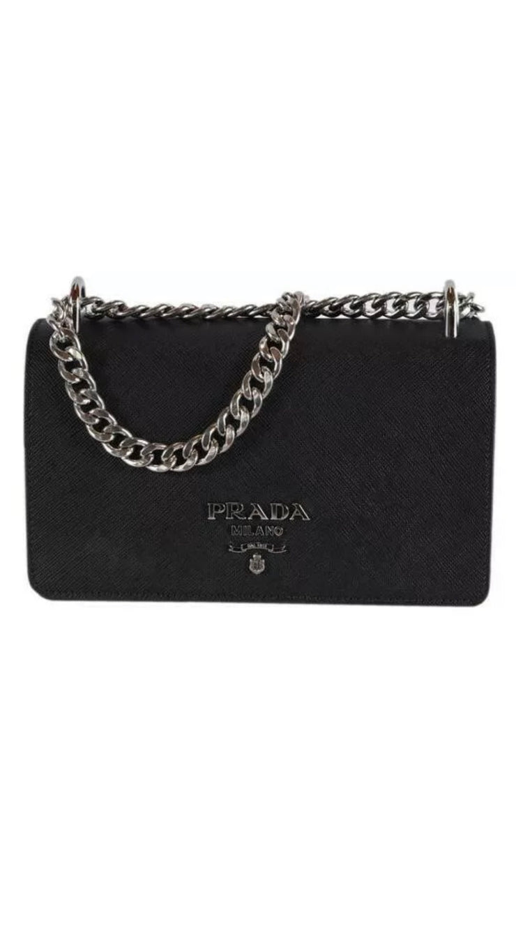 Prada crossbody black leather bag silver hardware
