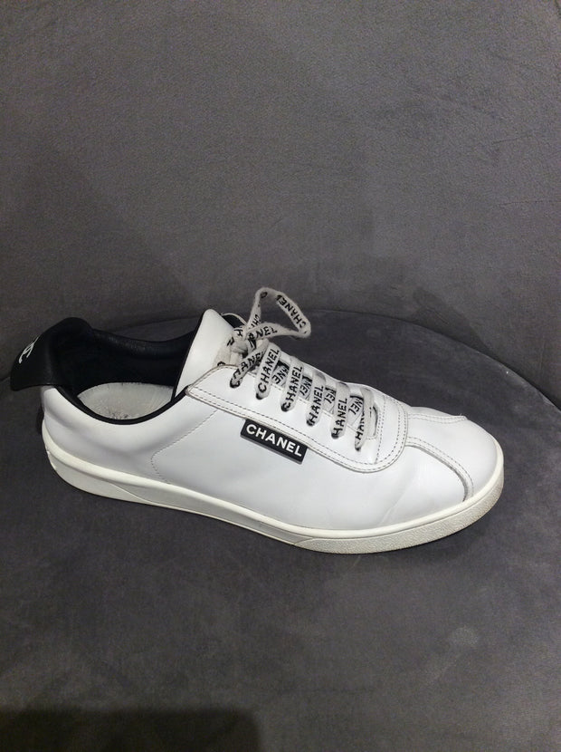 Chanel White Leather Lace Up Weekender Sneakers, Size 7.5/37.5