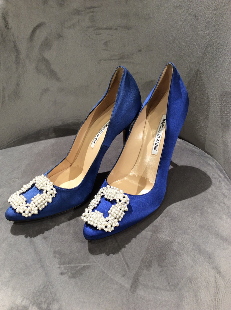 Manolo Blahnik Hangisi Blue Satin Jewel Buckle Pumps Size 8
