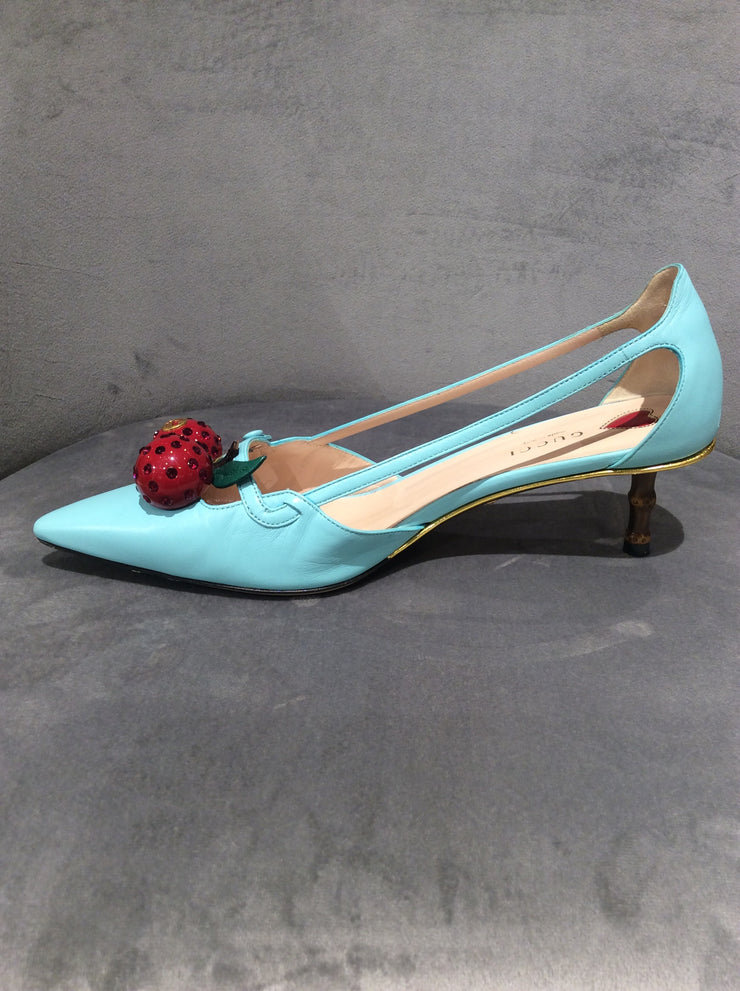Gucci Unia Cherry Leather Pump in Blue, Size 9.5/39.5