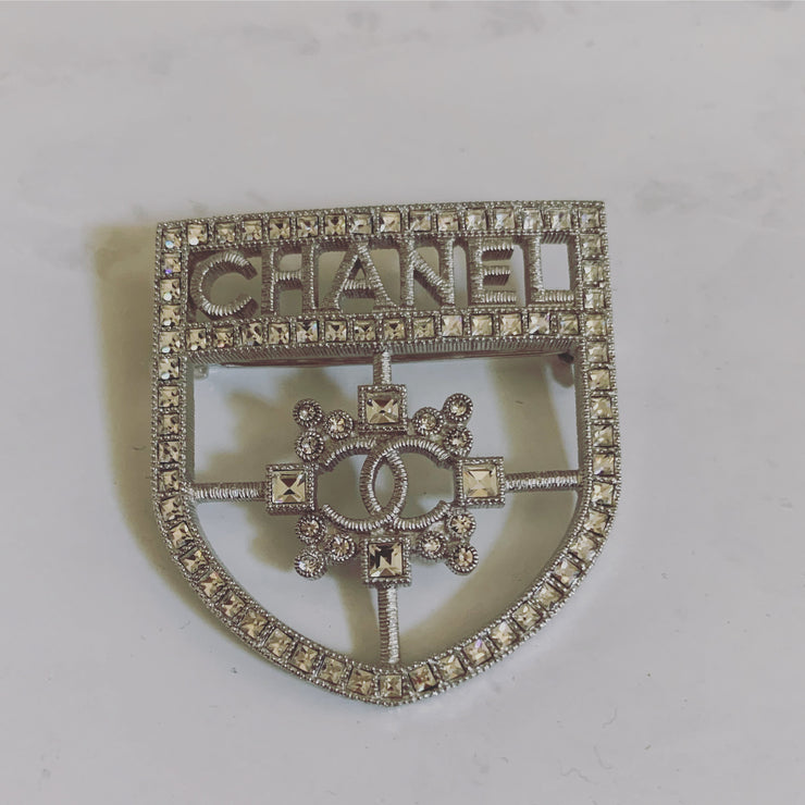Chanel Logo crest shield Swarovski crystal pin brooch