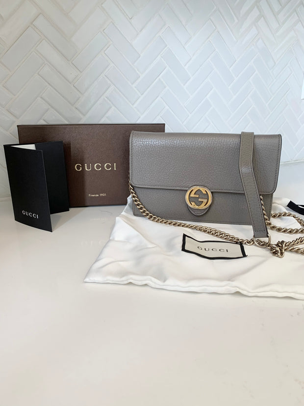 Gucci interlocking GG gray Wallet on chain clutch