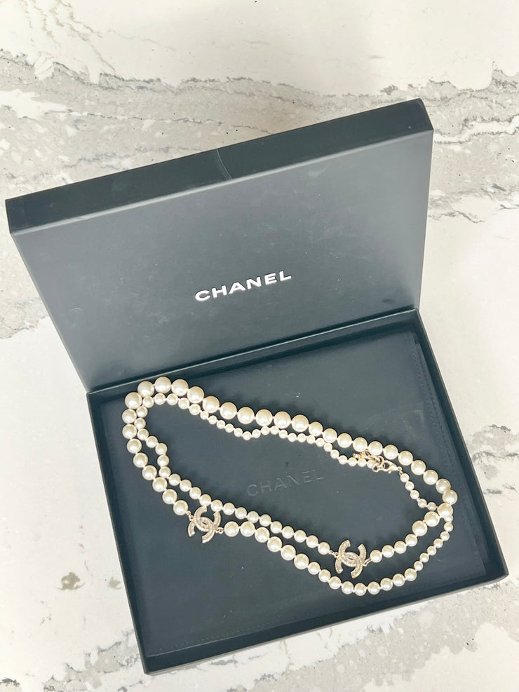 Chanel pearl multi strand necklace with rhinestone gold charms new in box