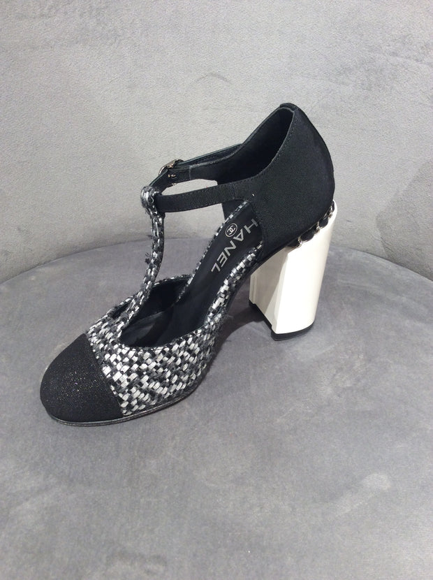 Chanel Black/White Tweed Fabric Chain T-strap Pumps, size 6.5/36.5