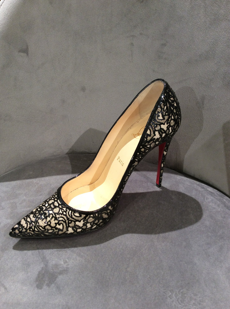 Christian Louboutin patent lace glitter so pretty 120 pumps black size 9.5/39.5