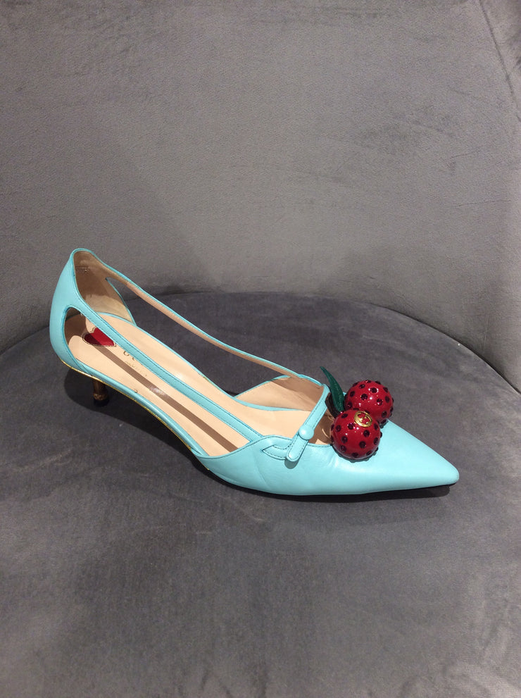 Gucci Unia Cherry Leather Pump in Blue, Size 9.5/39.5