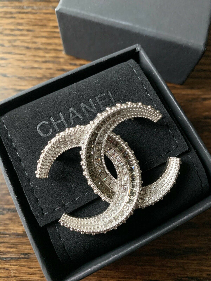 AUTHENTIC CHANEL BROOCH PIN CLASSIC RHINESTONES LARGE CC LOGO