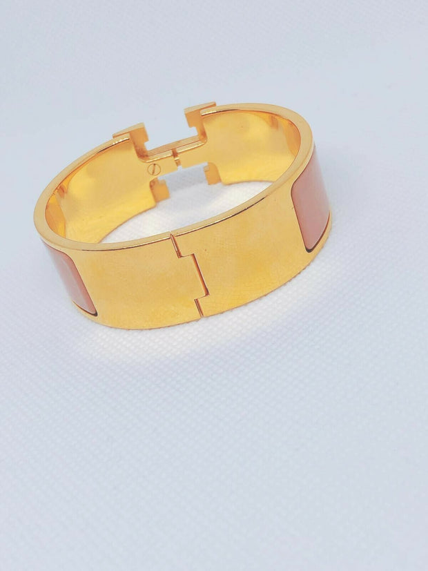 HERMES Enamel Clic Clac H PM Bracelet Bangle Cuff rose pink with Gold