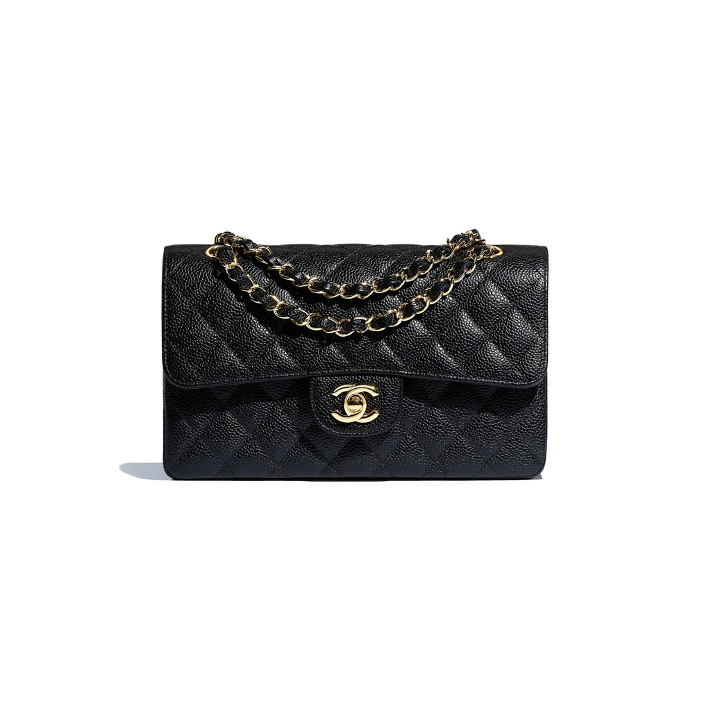 Authentic Chanel small 9' Caviar Leather double flap hangbag with gold –  The Find