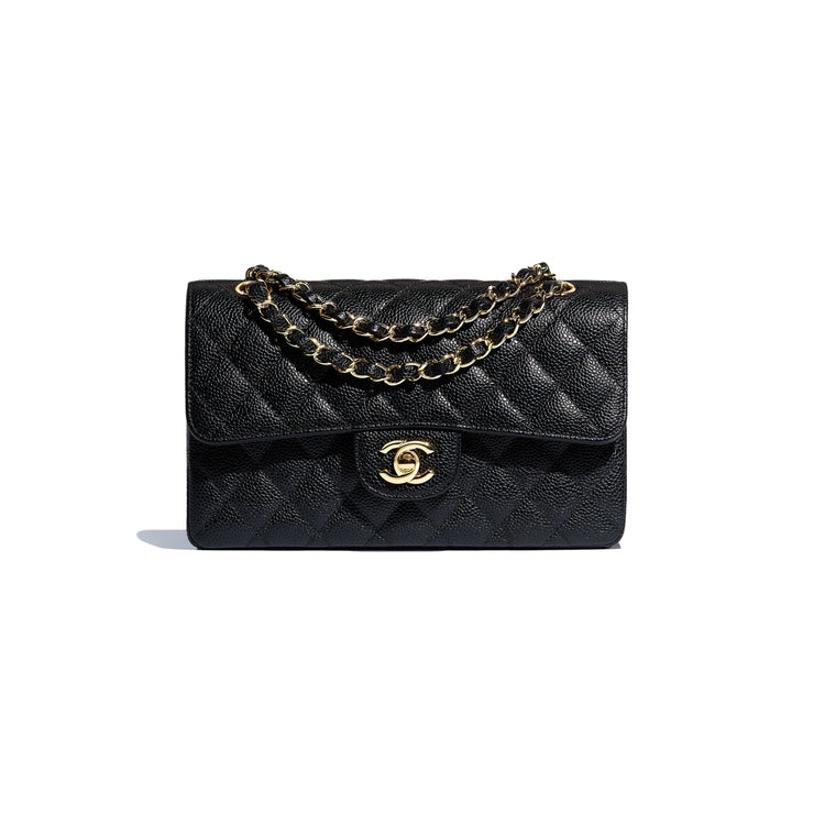 Authentic Chanel small 9' Caviar Leather double flap hangbag with gold hardware